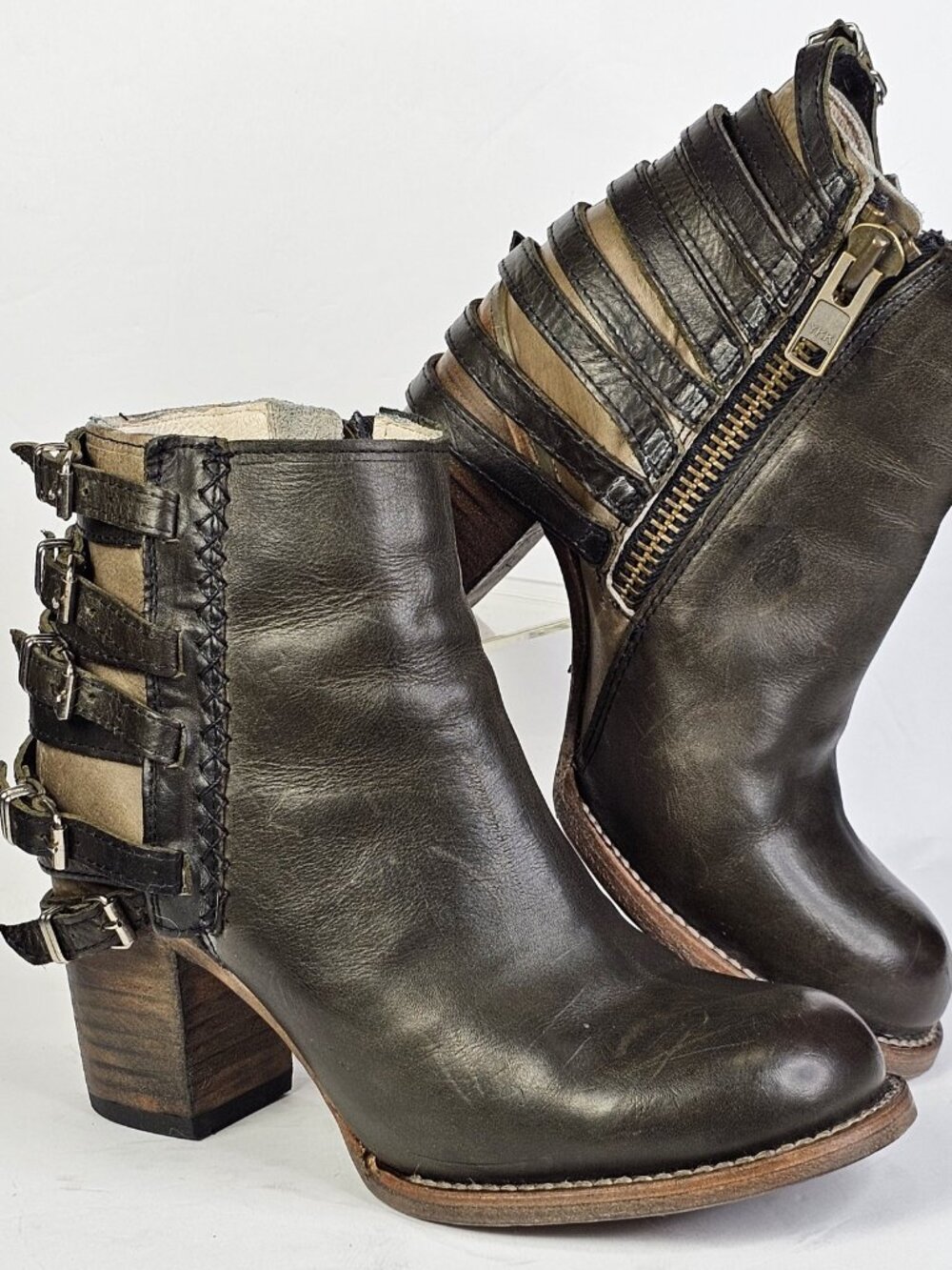 Freebird by Steven Hermosa Womens US 8 Distressed Leather Buckle Zip Ankle Boots